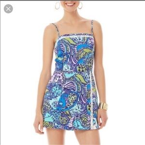 Lilly Pulitzer Cattitude Print Jesse Romper Blue Green